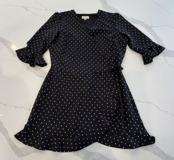 LOFT Black/White Polka Dot Wait Tie Faux Wrap 3/4 Sleeve Mini Skater Dress, Sz 8 - Picture 12 of 16